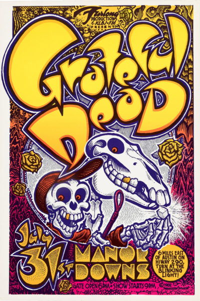 Colourful poster for the 1982 Grateful Dead concert at Manor Downs on July 31, featuring skeletons, roses, and bold psychedelic text in yellow, purple, red, and orange. Poster prints available in A1 to A4 sizes.