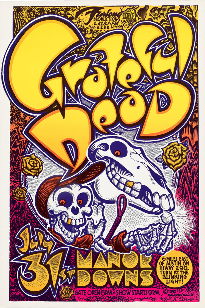 product-image Colourful poster for the 1982 Grateful Dead concert at Manor Downs on July 31, featuring skeletons, roses, and bold psychedelic text in yellow, purple, red, and orange. Poster prints available in A1 to A4 sizes.