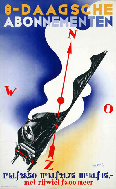 Striking 1936 travel poster featuring a speeding black train on a blue and white backdrop, with a red compass needle and bold Dutch text promoting 8-Daagsche Abonnementen, or 8-day train subscriptions. Poster print available in A1 to A4 sizes.