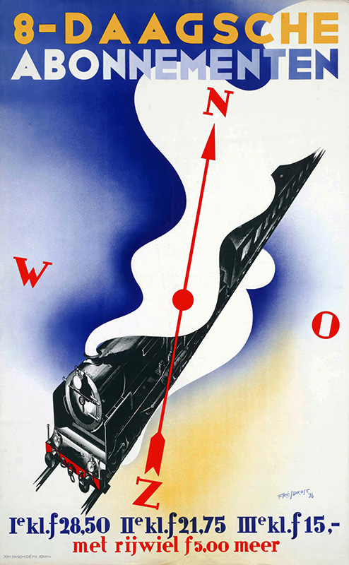 product-image Striking 1936 travel poster featuring a speeding black train on a blue and white backdrop, with a red compass needle and bold Dutch text promoting 8-Daagsche Abonnementen, or 8-day train subscriptions. Poster print available in A1 to A4 sizes.
