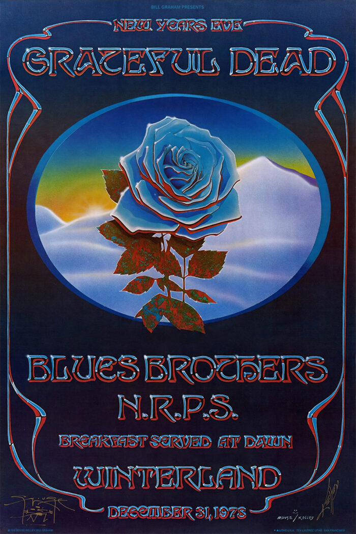 product-image Psychedelic concert poster for Grateful Dead’s New Year’s Eve show with Blues Brothers and NRPS at Winterland, December 31, 1978, featuring a blue rose and vibrant border. Poster prints available in A1 to A4 sizes.