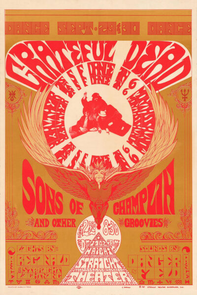 Vintage concert poster with red and gold text advertising a Grateful Dead show with Sons of Champlin and other acts on November 6 at the Avalon Ballroom and Straight Theatre in San Francisco. Poster prints available in A1 to A4 sizes.