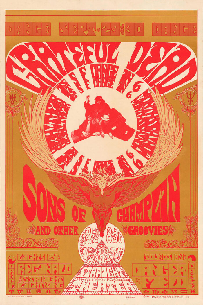 Vintage concert poster with red and gold text advertising a Grateful Dead show with Sons of Champlin and other acts on November 6 at the Avalon Ballroom and Straight Theatre in San Francisco. Poster prints available in A1 to A4 sizes.