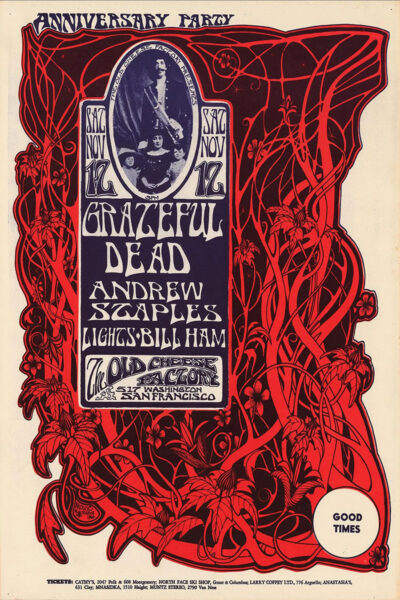 Psychedelic concert poster for Grateful Deads Anniversary Party on November 12 at The Old Fillmore, San Francisco, featuring striking red and black art and text details. Poster prints available in A1 to A4 sizes.