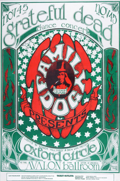 Psychedelic concert poster for Grateful Dead by Family Dog Presents, scheduled Nov 4-5, 1966 at Avalon Ballroom, San Francisco, with striking green, red, and white graphics. Poster prints available in A1 to A4 sizes.