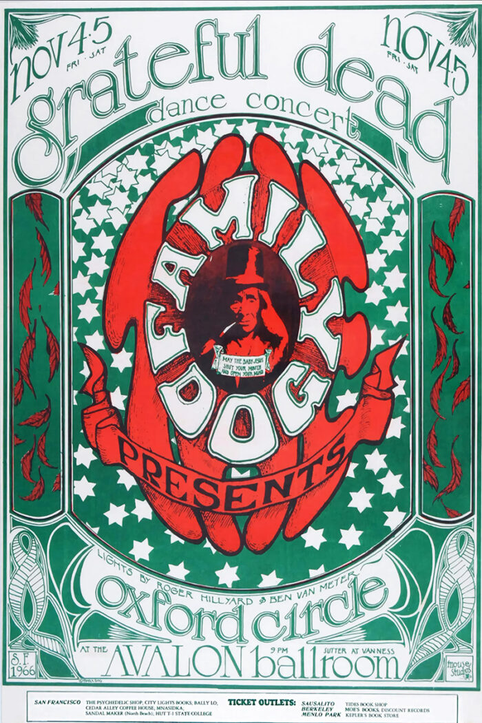 product-image Psychedelic concert poster for Grateful Dead by Family Dog Presents, scheduled Nov 4-5, 1966 at Avalon Ballroom, San Francisco, with striking green, red, and white graphics. Poster prints available in A1 to A4 sizes.