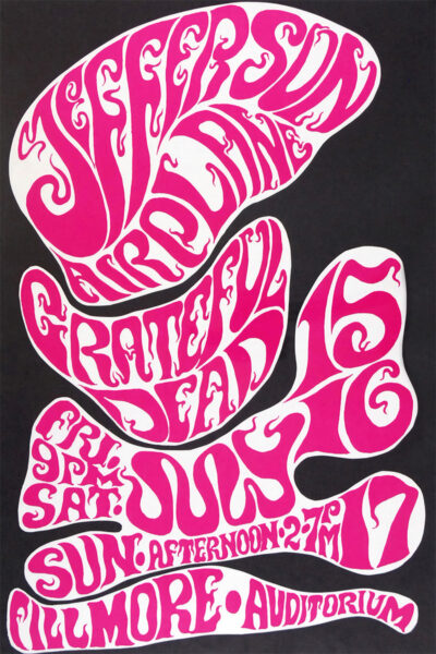 Psychedelic poster with pink and white text advertising Jefferson Airplane and The Grateful Dead concerts at Fillmore Auditorium on July 15-17. Poster prints available in A1 to A4 sizes.