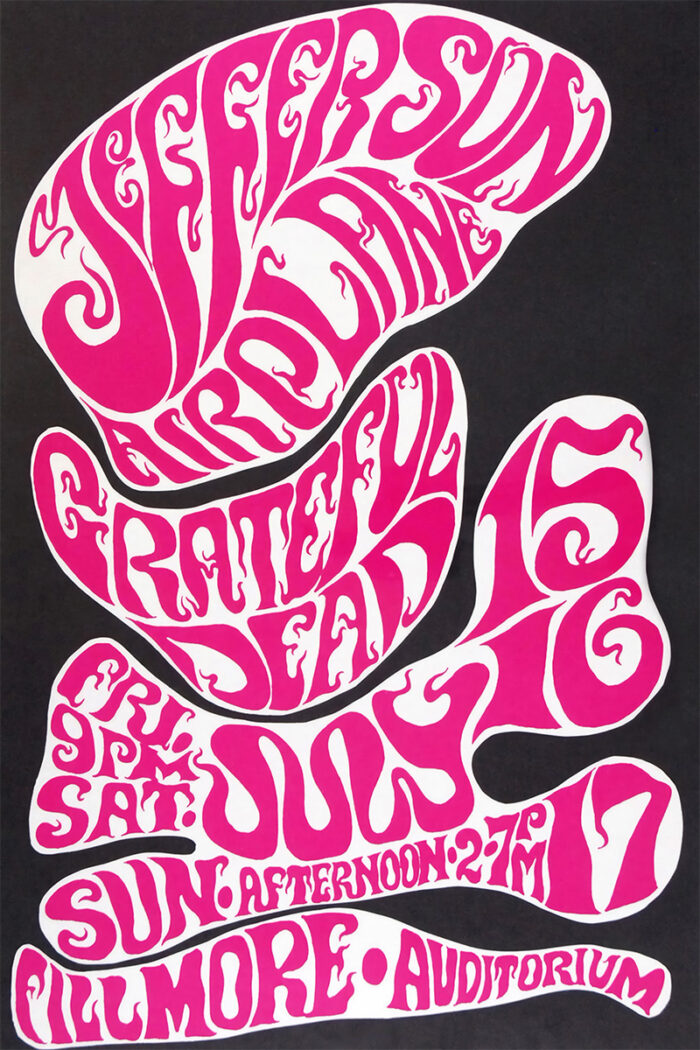 product-image Psychedelic poster with pink and white text advertising Jefferson Airplane and The Grateful Dead concerts at Fillmore Auditorium on July 15-17. Poster prints available in A1 to A4 sizes.