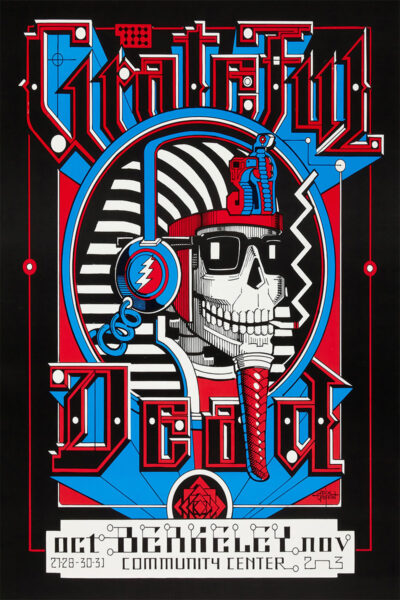 Poster for the Grateful Dead concert at Berkeley Community Centre, featuring a pharaoh-themed skull with headphones, bold geometric patterns, and event details from October 30-31, 1973. Poster prints available in A1 to A4 sizes.