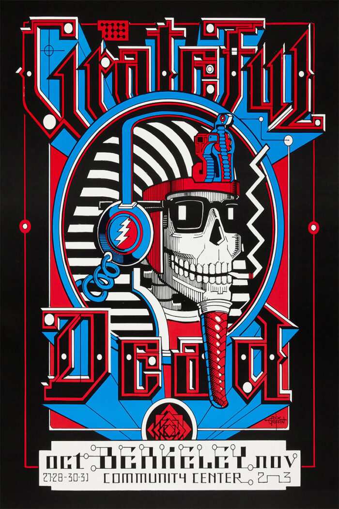 product-image Poster for the Grateful Dead concert at Berkeley Community Centre, featuring a pharaoh-themed skull with headphones, bold geometric patterns, and event details from October 30-31, 1973. Poster prints available in A1 to A4 sizes.