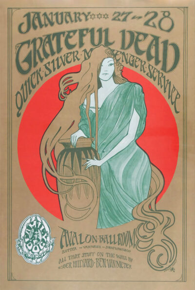 Concert poster for a Grateful Dead show on January 27-28 at Avalon Ballroom, featuring stylized art of a woman in green with flowing hair and event details in decorative fonts. Poster prints available in A1 to A4 sizes.