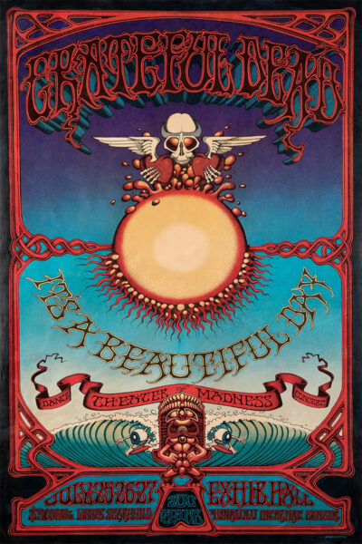 Psychedelic concert poster for Grateful Dead and Its A Beautiful Days Trip & Ski event, featuring vibrant colours, a winged skull, and event details. Poster prints available in A1 to A4 sizes.