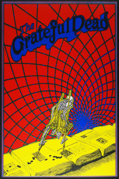 A Skeleton on Stilts Poster features a skeleton using a compass on an open book against a red and blue geometric spiral, with Grateful Dead boldly written at the top. Poster prints available in A1 to A4 sizes.
