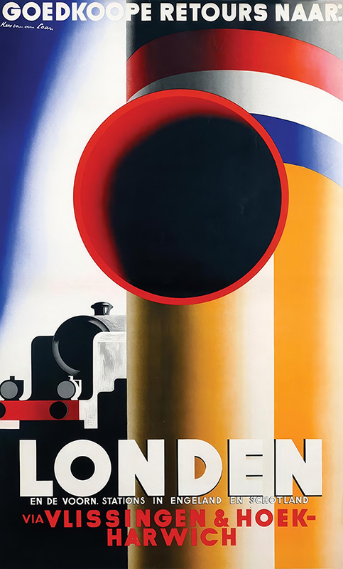 product-image Vintage 1938 Londen Travel Poster featuring a stylized train and bold geometric shapes, advertising cheap return trips to London via Vlissingen and Hoek-Harwich. Designed in the iconic style of Kees van der Laan. Poster print available in A1 to A4 sizes.