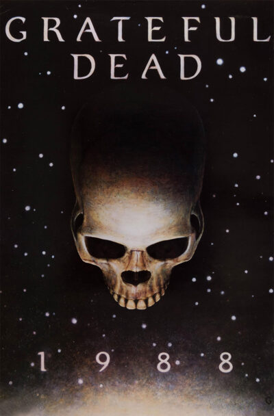 A Grateful Dead Skull Poster featuring a central skull, 1988 at the bottom, and the bands name at the top, all set against a starry black background. Poster prints available in A1 to A4 sizes.