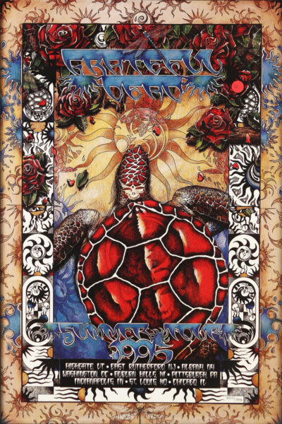 A colourful concert poster featuring a turtle, roses, and ornate designs, with Grateful Dead and Summer Tour 1995 highlighted above a list of cities at the bottom. Poster prints available in A1 to A4 sizes.