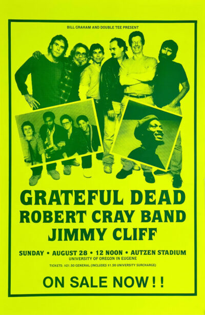Yellow concert poster featuring the Grateful Dead and Robert Cray Band, with photos of the artists and show details for Autzen Stadium, University of Oregon, on August 28. Poster prints available in A1 to A4 sizes.