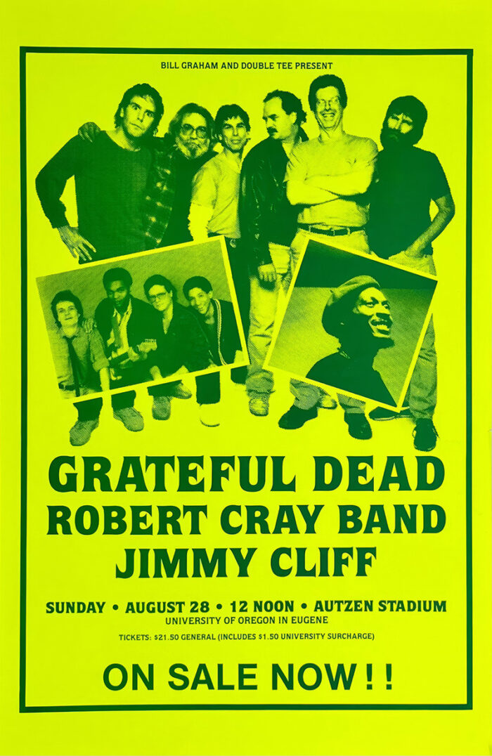 product-image Yellow concert poster featuring the Grateful Dead and Robert Cray Band, with photos of the artists and show details for Autzen Stadium, University of Oregon, on August 28. Poster prints available in A1 to A4 sizes.