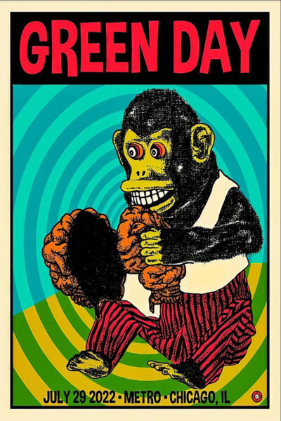 Concert Poster for Green Day featuring a toy monkey with cymbals, vibrant spiral background, and event details: July 29, 2022, Metro Chicago. Poster prints available in A1 to A4 sizes.