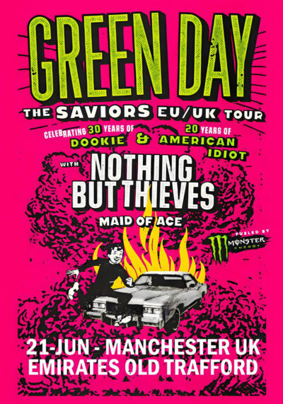 Green Day concert poster for the Saviors Tour: Manchester concert with Nothing But Thieves and Maid of Ace, 21 June at Emirates Old Trafford, UK. Poster prints available in A1 to A4 sizes.