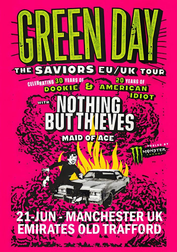 Green Day concert poster for the Saviors Tour: Manchester concert with Nothing But Thieves and Maid of Ace, 21 June at Emirates Old Trafford, UK. Poster prints available in A1 to A4 sizes.