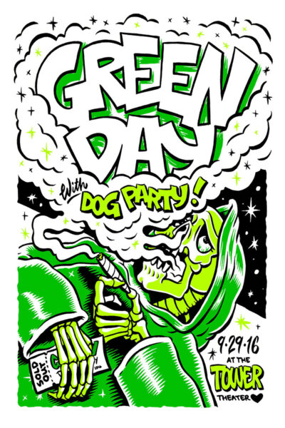 Illustrated concert poster for Green Day with Dog Party on 9/29/16 at The Tower Theatre, featuring a green skeleton holding a cigarette and ticket. Poster prints available in A1 to A4 sizes.