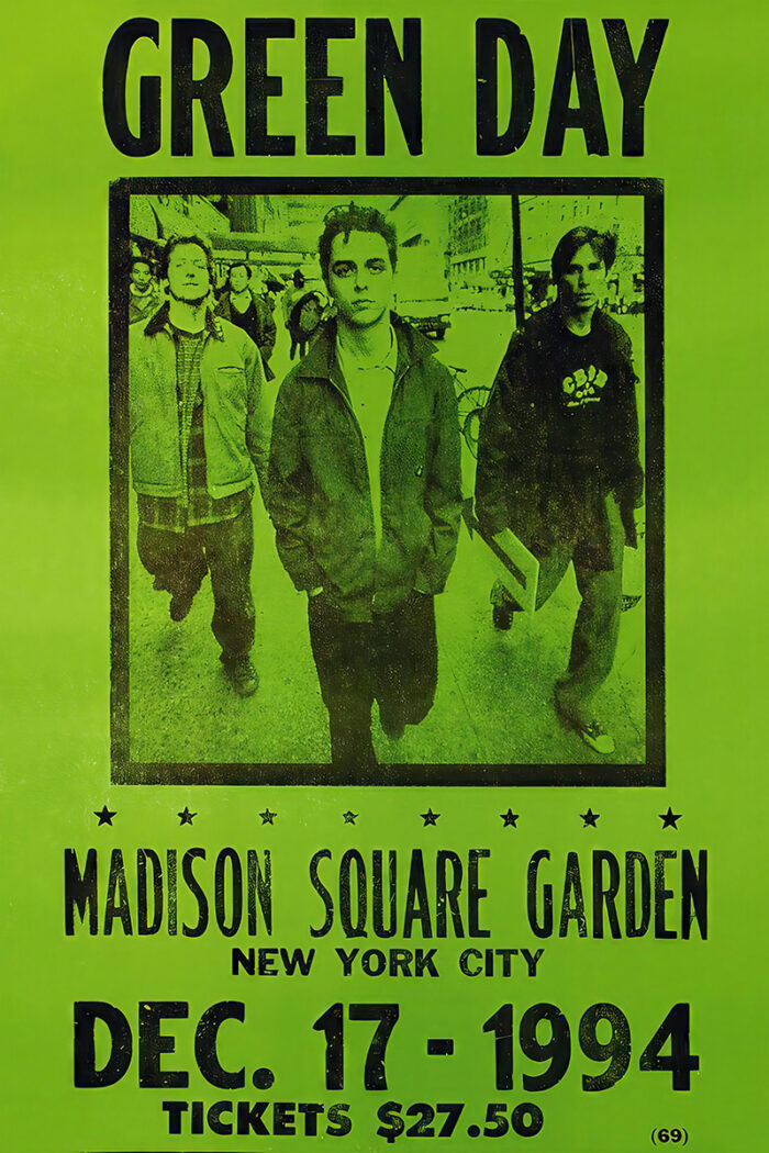 product-image Green Day concert poster for Madison Square Garden, New York City, December 17, 1994; features the band walking outdoors and highlights the $27.50 ticket price. Poster prints available in A1 to A4 sizes.