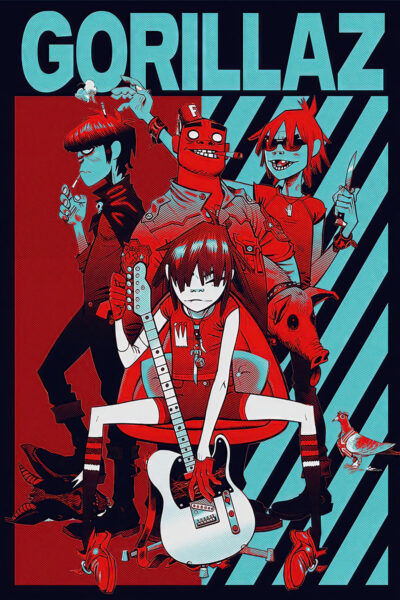 Illustration of four cartoon Gorillaz characters with bold blue and red accents, posing with musical instruments against a striped background—perfect as a vibrant Gorillaz poster for any music fan. Poster prints available in A1 to A4 sizes.