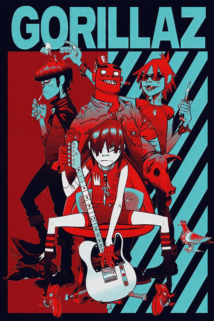 product-image Illustration of four cartoon Gorillaz characters with bold blue and red accents, posing with musical instruments against a striped background—perfect as a vibrant Gorillaz poster for any music fan. Poster prints available in A1 to A4 sizes.