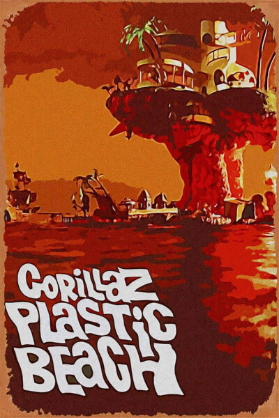 Stylized illustration of an island with buildings atop a rocky formation, surrounded by water, with bold white Gorillaz Plastic Beach text in the foreground—perfect as a vibrant music poster for any fan. Poster prints available in A1 to A4 sizes.