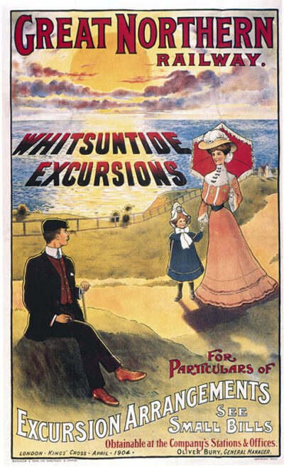 Vintage travel poster advertising Great Northern Railway Whitsuntide Excursions; depicts a woman, child, and man in Victorian dress by the seaside with a train and sunset in the background. Poster print available in A1 to A4 sizes.