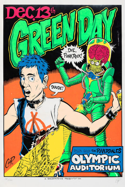 Colourful Punk Rock concert poster for Green Day at the Olympic Auditorium featuring cartoon characters, including an alien attacking a punk, with Dec. 13th and event details in bold, graphic fonts. Poster prints available in A1 to A4 sizes.