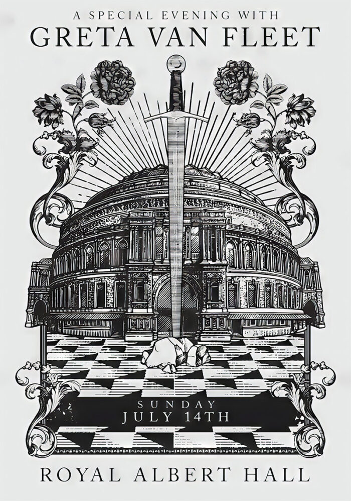 product-image Concert poster for Greta Van Fleet at Royal Albert Hall, featuring the venue, a large sword, flowers, and the date Sunday, July 14th. Poster prints available in A1 to A4 sizes.