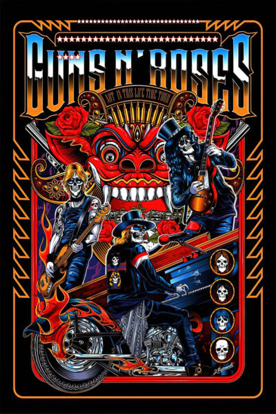 Illustrated concert poster featuring skeleton rock musicians with guitars and a motorcycle, fiery accents, red roses, and bold Guns N Roses text at the top—celebrating the Not In This Life Time Tour. Poster prints available in A1 to A4 sizes.