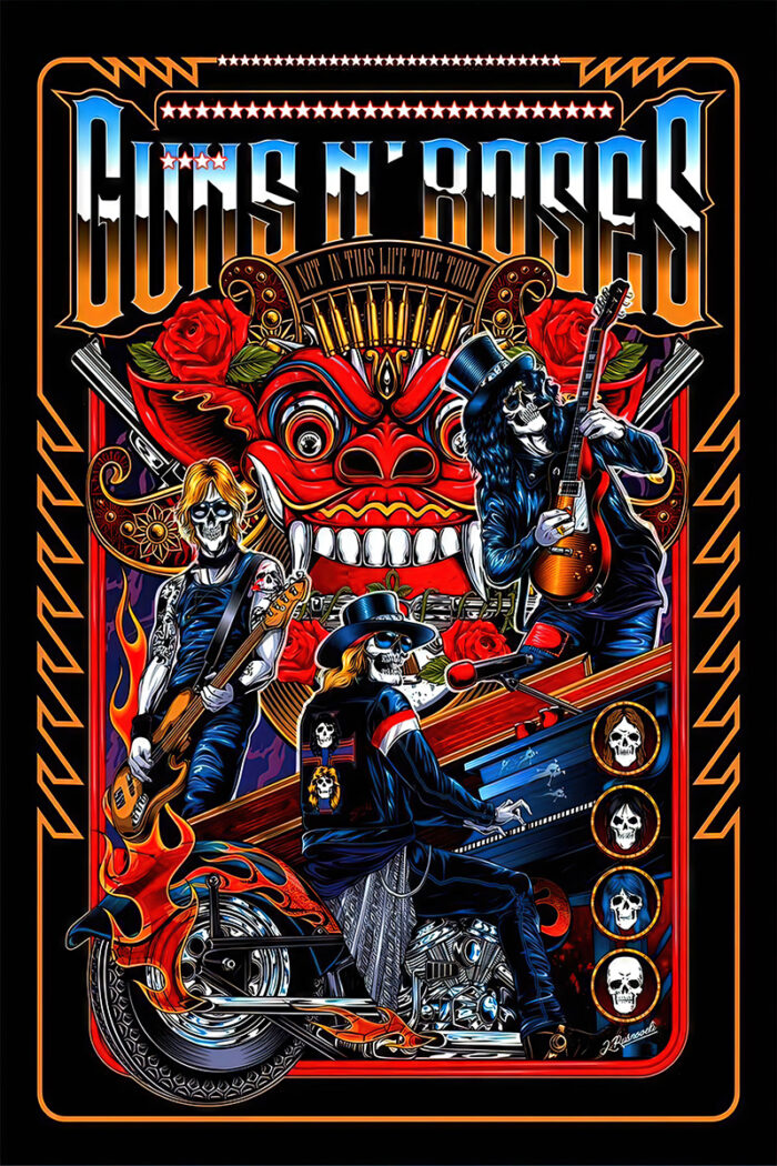 Illustrated concert poster featuring skeleton rock musicians with guitars and a motorcycle, fiery accents, red roses, and bold Guns N Roses text at the top—celebrating the Not In This Life Time Tour. Poster prints available in A1 to A4 sizes.