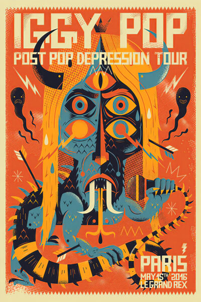 Paris Concert Poster for Iggy Pop’s Post Pop Depression Tour, featuring a stylized horned figure and event details for May 15th, 2016 at Le Grand Rex. Poster prints available in A1 to A4 sizes.