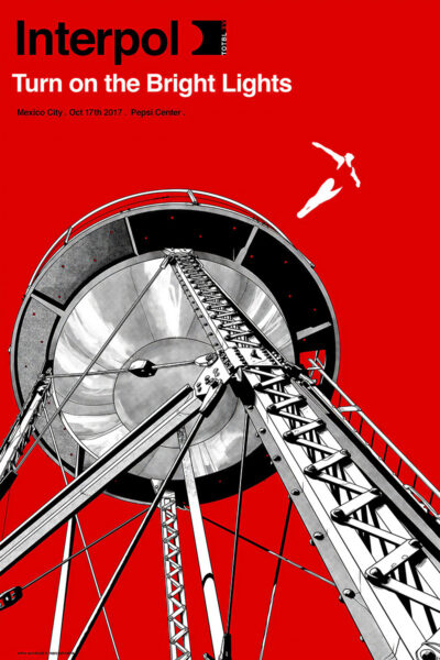 A stylized Mexico City concert poster for Interpol’s Turn on the Bright Lights show on October 17, 2017, featuring a water tower silhouette set against a striking red background. Poster prints available in A1 to A4 sizes.