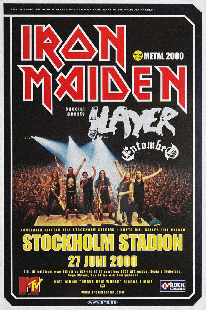 Concert Poster for Iron Maiden’s Metal 2000 show with special guests Slayer and Entombed at Stockholm Stadion on June 27, 2000, featuring band logos, event details, and a photo of Iron Maiden on stage. Poster prints available in A1 to A4 sizes.