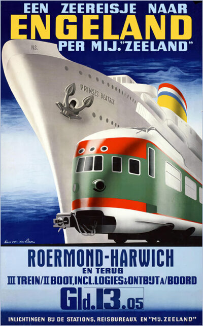 Vintage Zeeland travel poster showcasing the Princess Beatrix ship and a train, promoting scenic sea and rail journeys from Roermond to Harwich, England, with detailed pricing and schedules. Poster print available in A1 to A4 sizes.