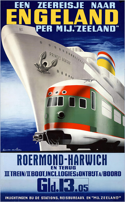 Vintage Zeeland travel poster showcasing the Princess Beatrix ship and a train, promoting scenic sea and rail journeys from Roermond to Harwich, England, with detailed pricing and schedules. Poster print available in A1 to A4 sizes.