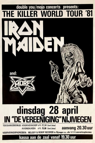 Black and white concert poster for Iron Maiden’s Killer World Tour 81 in Nijmegen, featuring the band’s logo, a mascot illustration, and event details in Dutch. Poster prints available in A1 to A4 sizes.