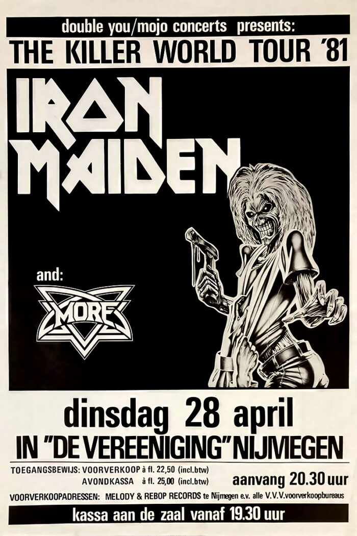 product-image Black and white concert poster for Iron Maiden’s Killer World Tour 81 in Nijmegen, featuring the band’s logo, a mascot illustration, and event details in Dutch. Poster prints available in A1 to A4 sizes.