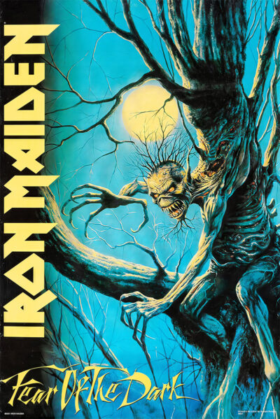 A ghoulish tree monster reaches out under a full moon on this striking music poster, with Iron Maiden and Fear of the Dark emblazoned in bold yellow letters. Poster prints available in A1 to A4 sizes.