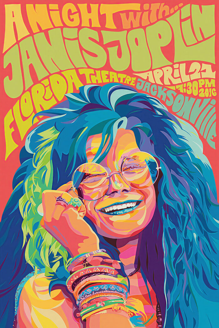 product-image Vibrant psychedelic concert poster featuring a smiling Janis Joplin, promoting her show at the Florida Theatre Jacksonville on April 23, 2016, at 4:30 PM. Poster prints available in A1 to A4 sizes.