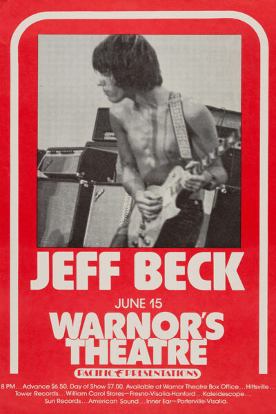 Concert Poster featuring guitarist Jeff Beck performing live on stage, promoting his show at Warnors Theatre on June 15, with ticket and location details listed below. Poster prints available in A1 to A4 sizes.