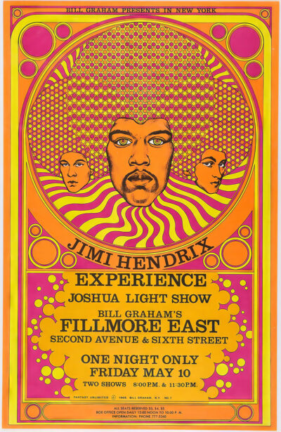 Psychedelic concert poster for Jimi Hendrix Experience at Fillmore East, New York, featuring stylized portraits, bold colourful text with event details, and visuals inspired by the legendary Joshua Light Show. Poster prints available in A1 to A4 sizes.