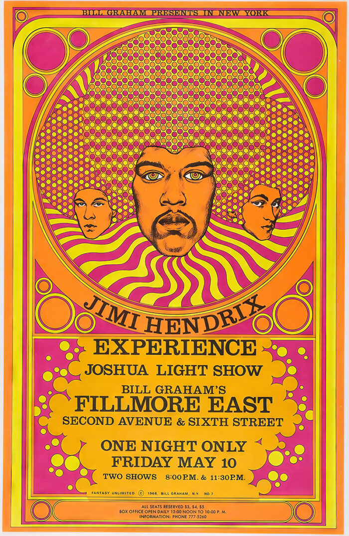 product-image Psychedelic concert poster for Jimi Hendrix Experience at Fillmore East, New York, featuring stylized portraits, bold colourful text with event details, and visuals inspired by the legendary Joshua Light Show. Poster prints available in A1 to A4 sizes.