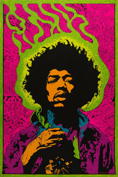 A psychedelic-style portrait of a man with an afro, reminiscent of Jimi Hendrix, rendered in bold black, green, pink, orange, and blue colours, with swirling patterns in the background—perfect for a vibrant music poster. Poster prints available in A1 to A4 sizes.