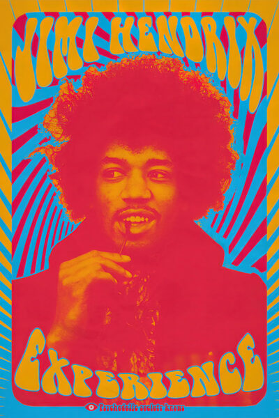 Psychedelic Music Poster featuring a man with an afro and guitar in vibrant red, yellow, and blue, with “Jimi Hendrix Experience” in stylized text above and below—a perfect piece for any Psychedelic Society enthusiast. Poster prints available in A1 to A4 sizes.