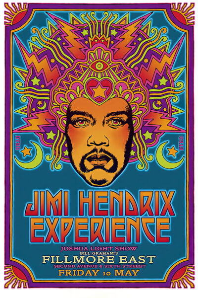 Psychedelic concert poster featuring a stylized portrait of the Jimi Hendrix Experience and event details for a performance at Fillmore East on Friday, May 10. Poster prints available in A1 to A4 sizes.